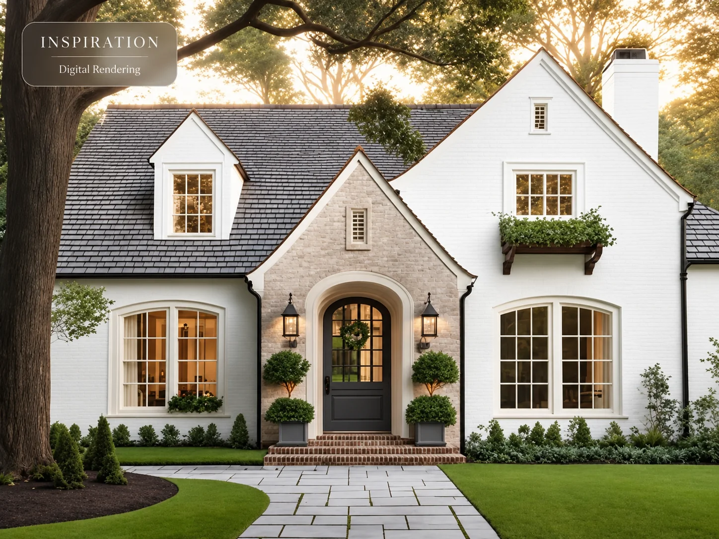 Exterior design inspiration depicting a white traditional home beneath mature trees